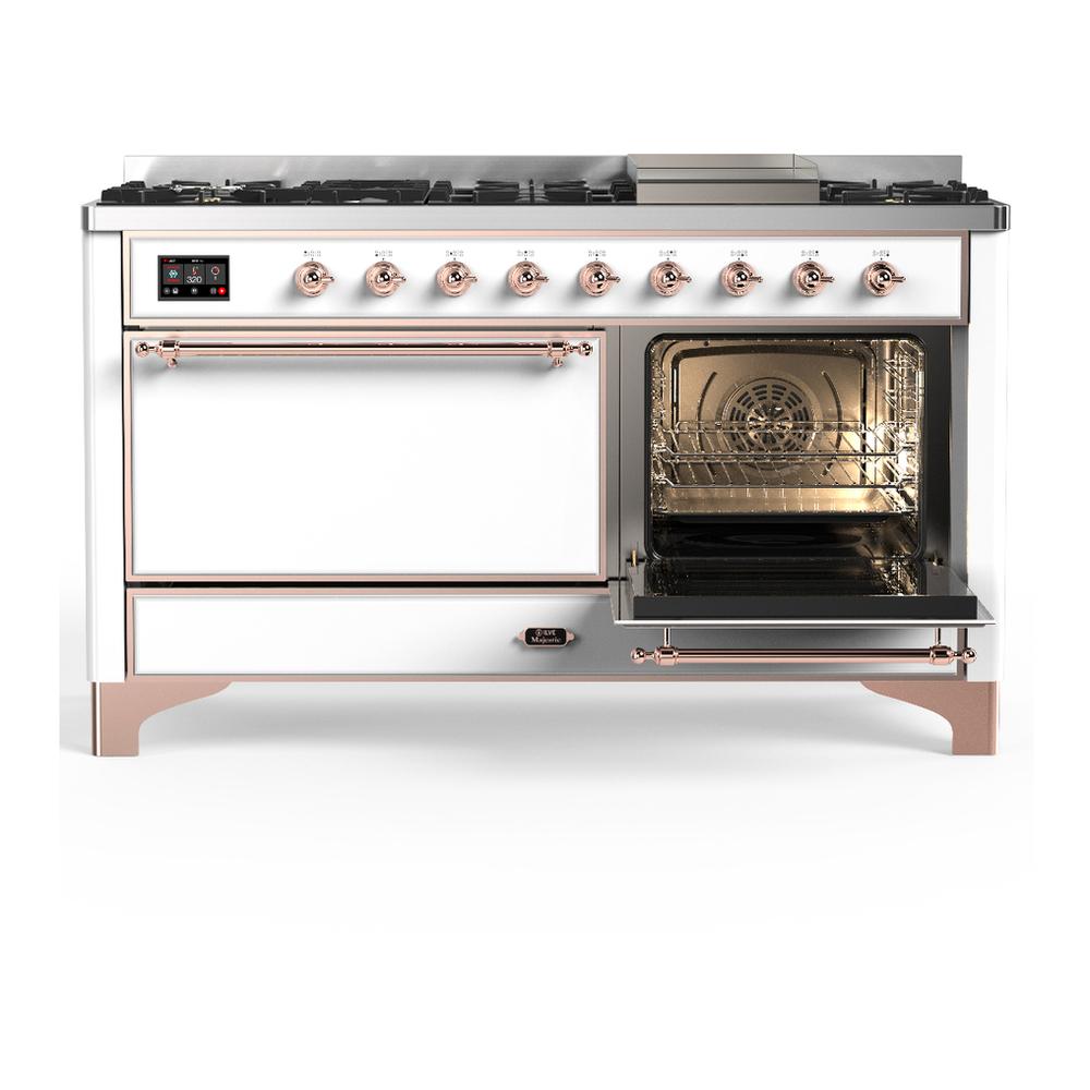 Ilve UM60FQNR3WHPLP Ilve Um60Fqnr3Whplp Majestic Iii 60 Inch Dual Fuel Range With 9 Burners And Griddle, Dual Function Burner Up To 25,000 Btu (Liquid Propane, Solid Door, White, Copper)