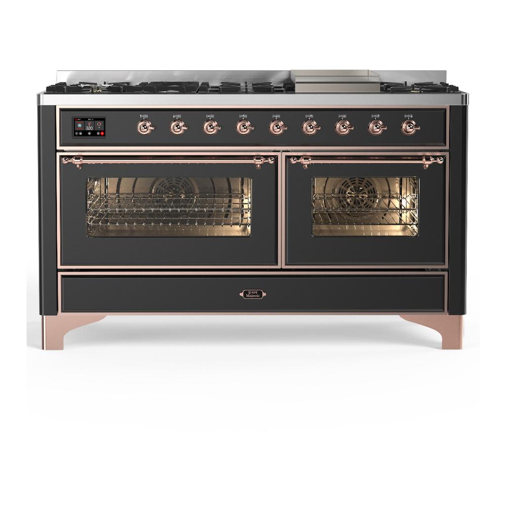 Ilve UM60FNR3MGP Ilve Um60Fnr3Mgp Majestic Iii 60 Inch Dual Fuel Range With 9 Burners And Griddle, Dual Function Burner Up To 25,000 Btu (Natural Gas, Triple Glass Door, Graphite Matte, Copper)