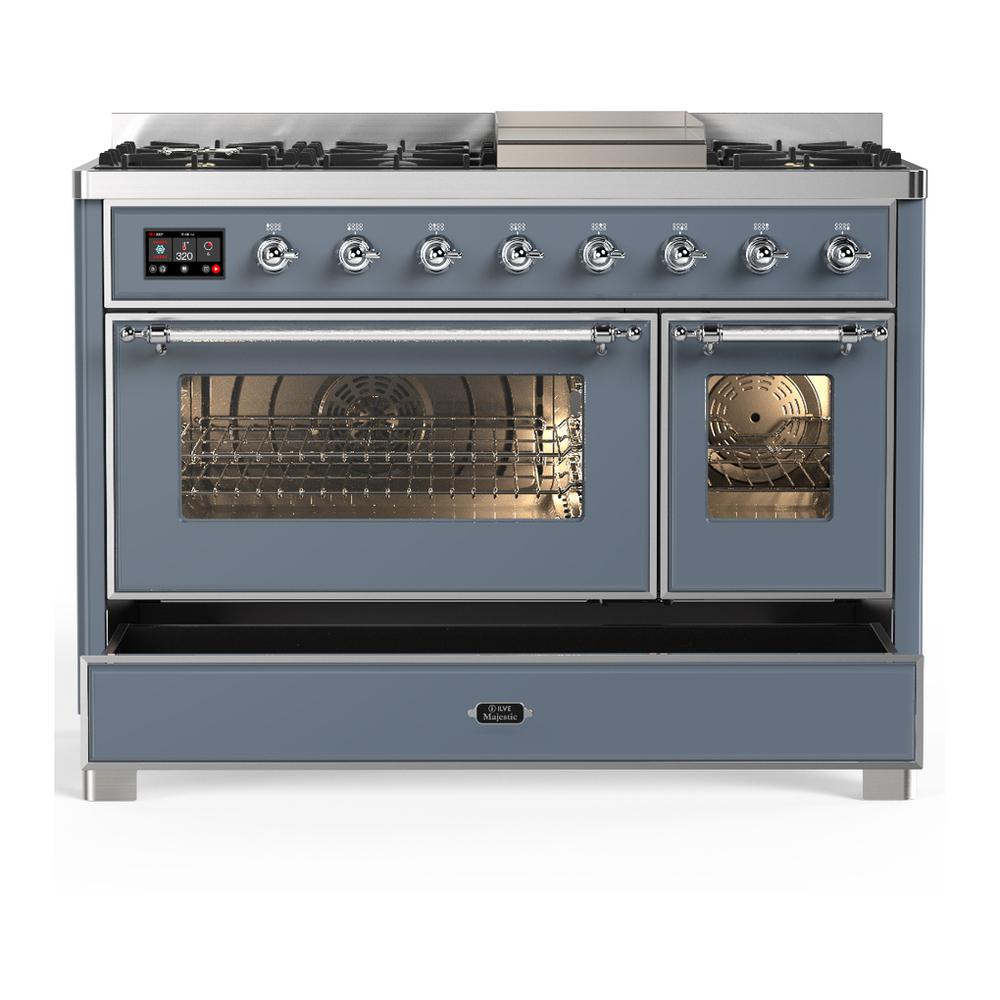 Ilve UM48FNR3BGCLP Ilve Um48Fnr3Bgclp Majestic Iii 48 Inch Dual Fuel Range With 8 Burners And Griddle, Dual Function Burner Up To 25,000 Btu (Liquid Propane, Triple Glass Door, Blue Grey, Chrome)