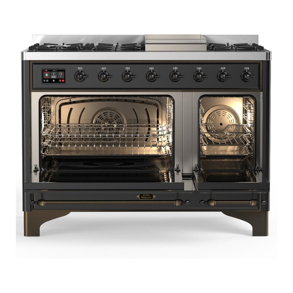 Ilve UM48FQNR3MGB Ilve Um48Fqnr3Mgb Majestic Iii 48 Inch Dual Fuel Range With 8 Burners And Griddle, Dual Function Burner Up To 25,000 Btu (Natural Gas, Solid Door, Graphite Matte, Burnished)