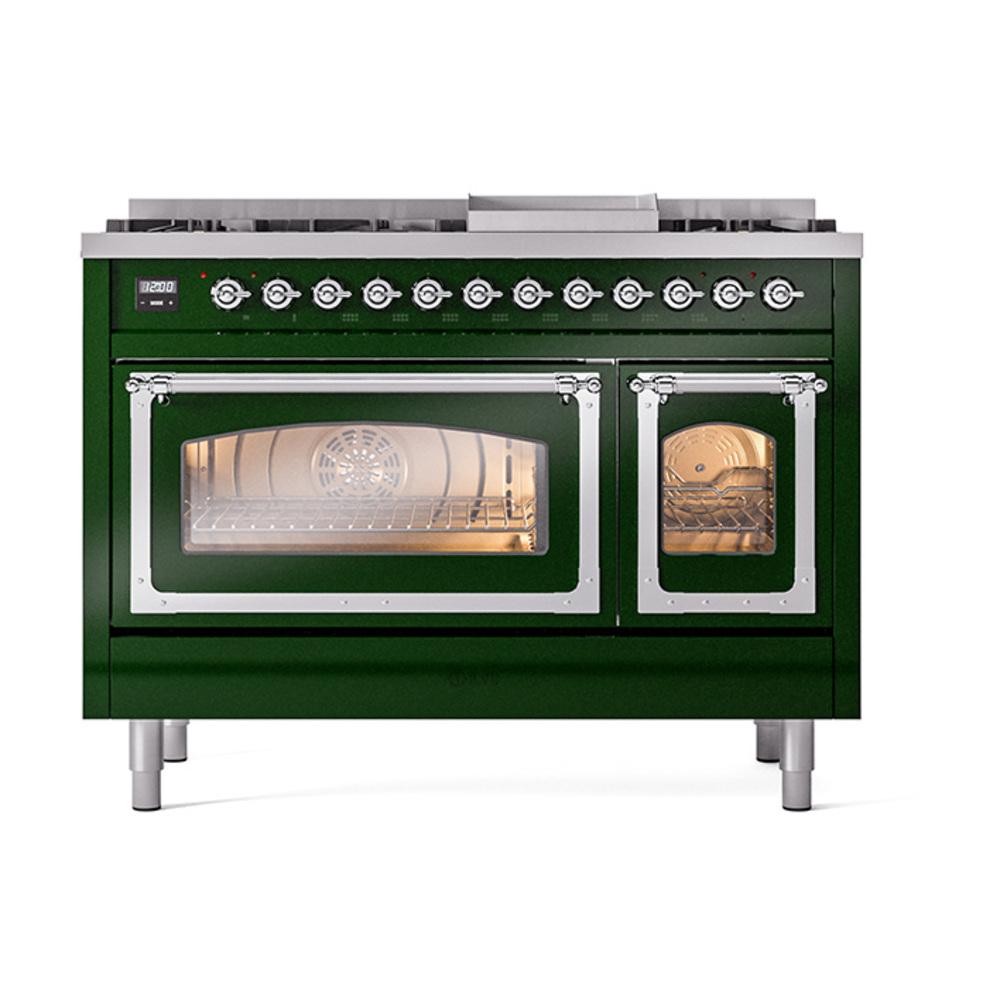 Ilve UN48FNMPEGC Ilve Un48Fnmpegc Nostalgie Ii Noblesse 48" Dual Fuel Range (8 Sealed Burners + Griddle, Natural Gas, Triple Glass Door, Emerald Green, Chrome)
