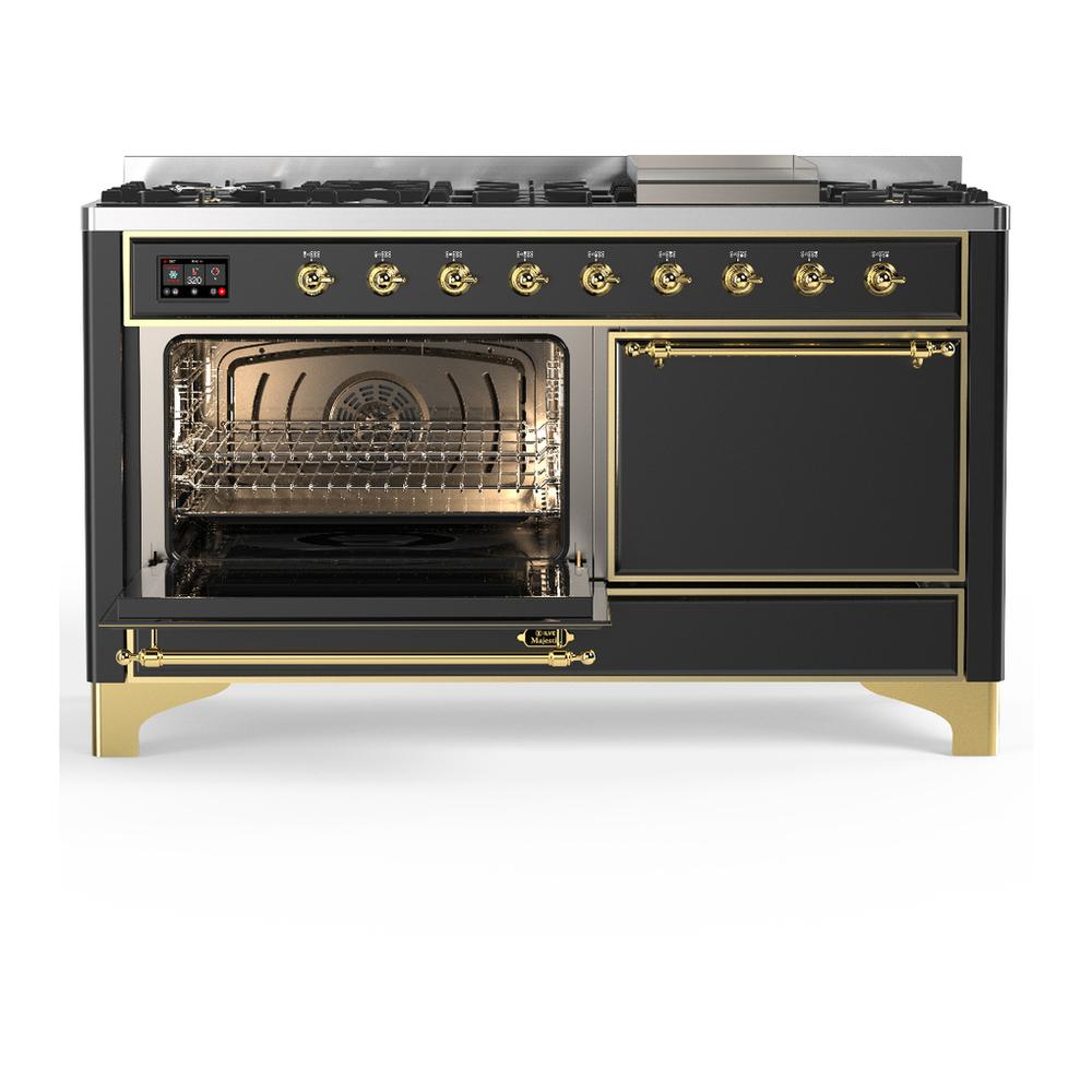 Ilve UM60FQNR3MGG Ilve Um60Fqnr3Mgg Majestic Iii 60 Inch Dual Fuel Range With 9 Burners And Griddle, Dual Function Burner Up To 25,000 Btu (Natural Gas, Solid Door, Graphite Matte, Brass)