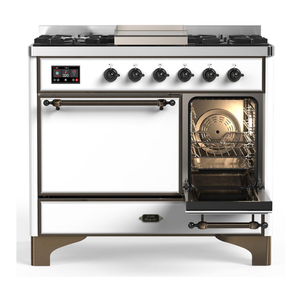 Ilve UMD40FQNR3WHBLP Ilve Umd40Fqnr3Whblp Majestic Iii 40 Inch Dual Fuel Range With 6 Burners And Griddle, Dual Function Burner Up To 25,000 Btu (Liquid Propane, Solid Door, White, Burnished)