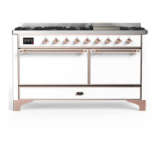 Ilve UM60FQNR3WHP Ilve Um60Fqnr3Whp Majestic Iii 60 Inch Dual Fuel Range With 9 Burners And Griddle, Dual Function Burner Up To 25,000 Btu (Natural Gas, Solid Door, White, Copper)