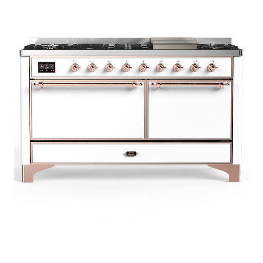 Ilve UM60FQNR3WHP Ilve Um60Fqnr3Whp Majestic Iii 60 Inch Dual Fuel Range With 9 Burners And Griddle, Dual Function Burner Up To 25,000 Btu (Natural Gas, Solid Door, White, Copper)