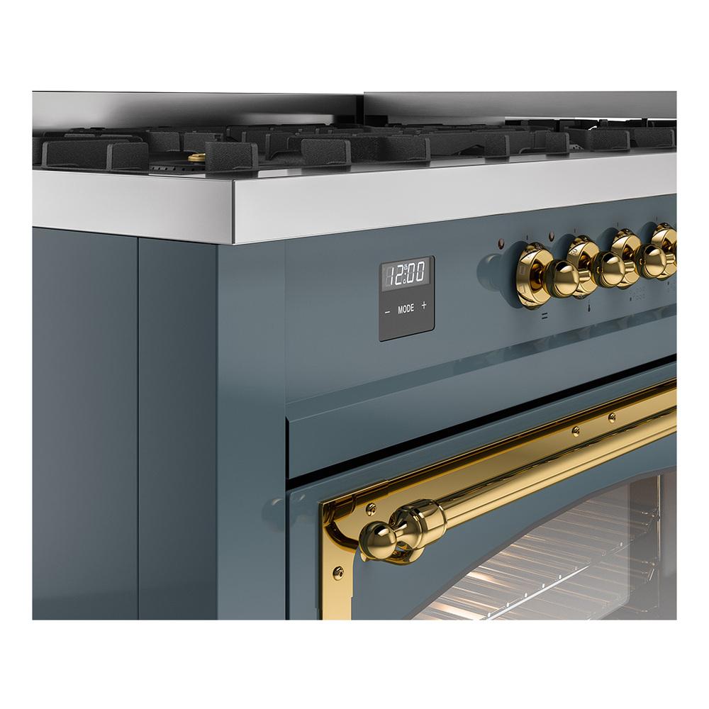 Ilve UN60FNMPBGG Ilve Un60Fnmpbgg Nostalgie Ii Noblesse 60" Dual Fuel Range (9 Sealed Burners + Griddle, Natural Gas, Triple Glass Door, Blue Grey, Brass)