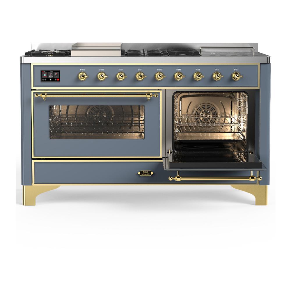 Ilve UM60FSNR3BGGLP Ilve Um60Fsnr3Bgglp Majestic Iii 60 Inch Dual Fuel Range With 7 Burners, Griddle And French Top, Dual Function Burner With Up To 25,000 Btu (Liquid Propane, Triple Glass Door, Blue Grey, Brass)