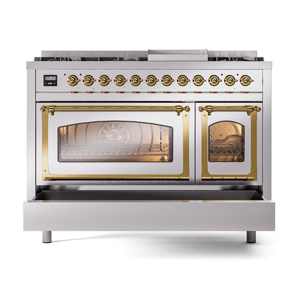 Ilve UN48FNMPSSGLP Ilve Un48Fnmpssglp Nostalgie Ii Noblesse 48" Dual Fuel Range (8 Sealed Burners + Griddle, Liquid Propane, Triple Glass Door, Stainless Steel, Brass)