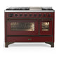 Ilve UM48FNR3BUB Ilve Um48Fnr3Bub Majestic Iii 48 Inch Dual Fuel Range With 8 Burners And Griddle, Dual Function Burner Up To 25,000 Btu (Natural Gas, Triple Glass Door, Burgundy, Burnished)