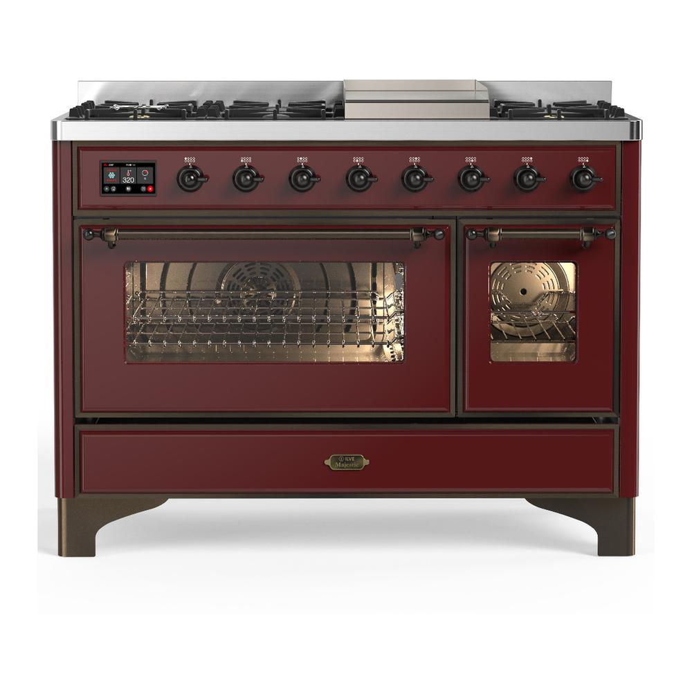 Ilve UM48FNR3BUB Ilve Um48Fnr3Bub Majestic Iii 48 Inch Dual Fuel Range With 8 Burners And Griddle, Dual Function Burner Up To 25,000 Btu (Natural Gas, Triple Glass Door, Burgundy, Burnished)