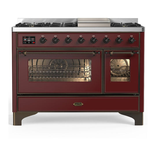 Ilve UM48FNR3BUB Ilve Um48Fnr3Bub Majestic Iii 48 Inch Dual Fuel Range With 8 Burners And Griddle, Dual Function Burner Up To 25,000 Btu (Natural Gas, Triple Glass Door, Burgundy, Burnished)