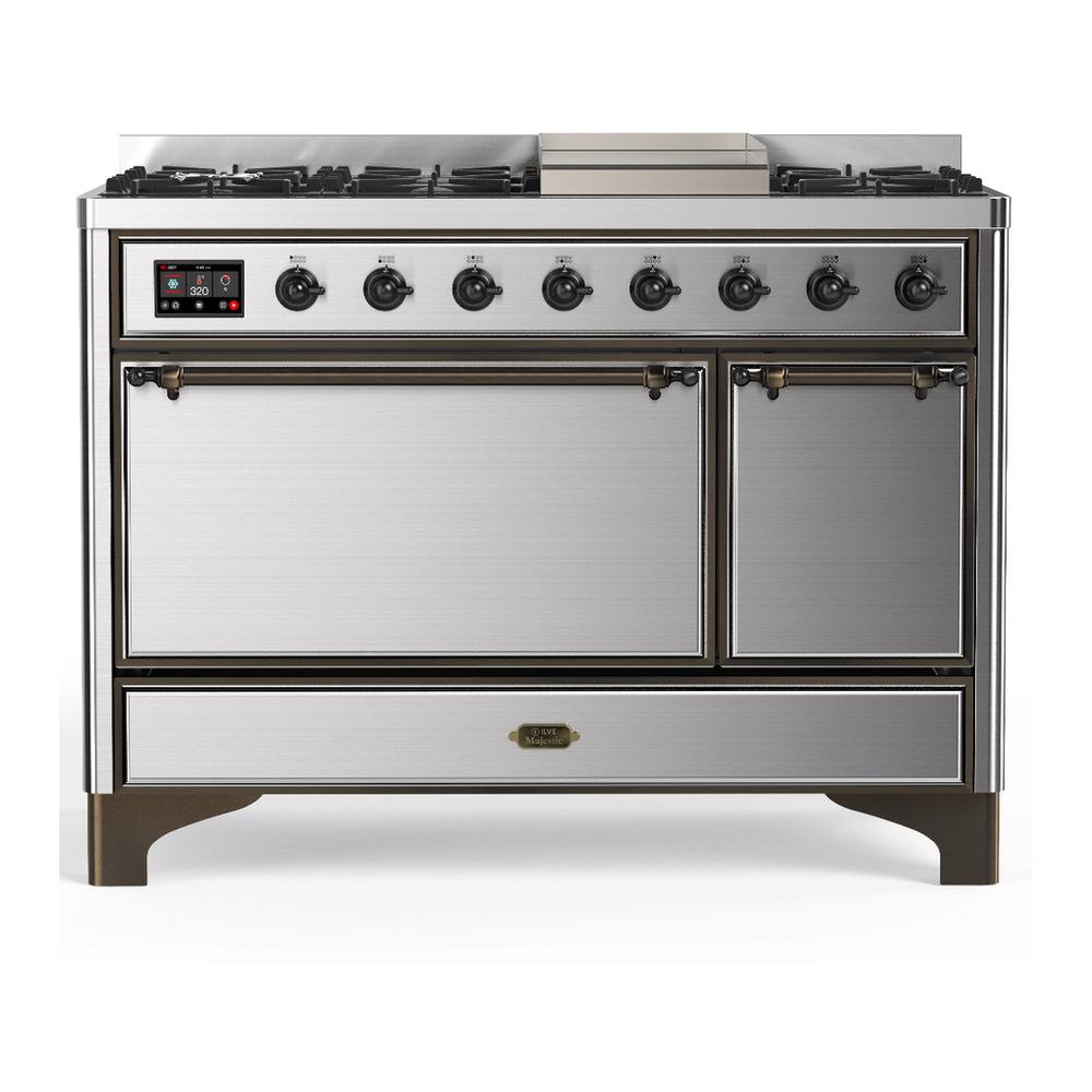 Ilve UM48FQNR3SSB Ilve Um48Fqnr3Ssb Majestic Iii 48 Inch Dual Fuel Range With 8 Burners And Griddle, Dual Function Burner Up To 25,000 Btu (Natural Gas, Solid Door, Stainless Steel, Burnished)