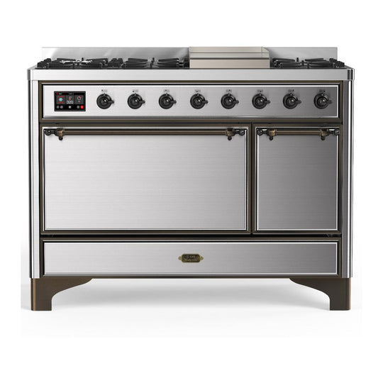 Ilve UM48FQNR3SSB Ilve Um48Fqnr3Ssb Majestic Iii 48 Inch Dual Fuel Range With 8 Burners And Griddle, Dual Function Burner Up To 25,000 Btu (Natural Gas, Solid Door, Stainless Steel, Burnished)