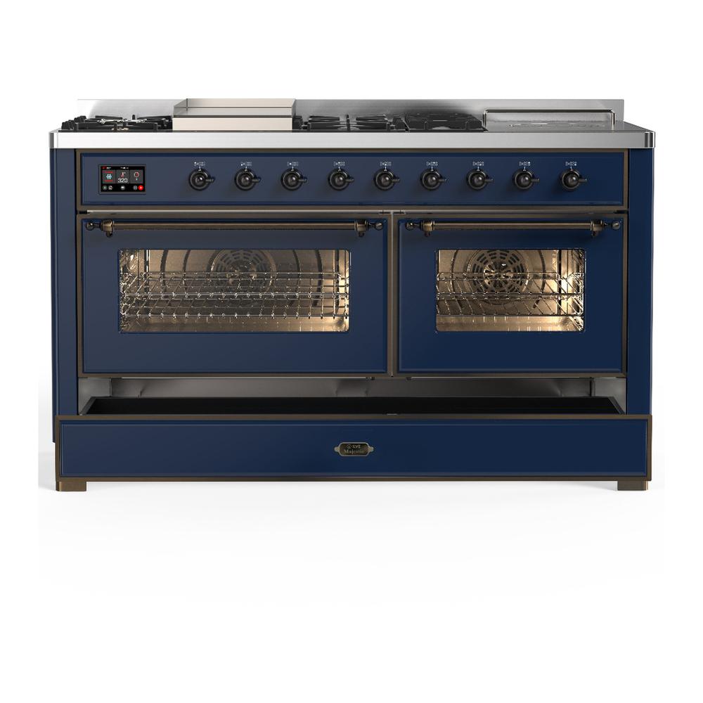 Ilve UM60FSNR3MBB Ilve Um60Fsnr3Mbb Majestic Iii 60 Inch Dual Fuel Range With 7 Burners, Griddle And French Top, Dual Function Burner With Up To 25,000 Btu (Natural Gas, Triple Glass Door, Midnight Blue, Burnished)