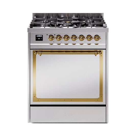 Ilve UN30QNMPSSG Ilve Un30Qnmpssg Nostalgie Ii Noblesse 30" Dual Fuel Range (Natural Gas, Solid Door, Stainless Steel, Brass)