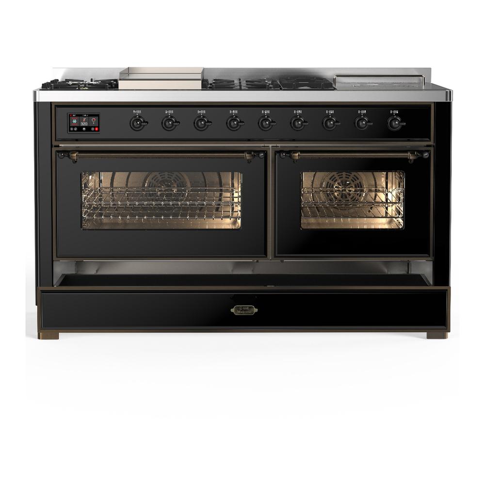 Ilve UM60FSNR3BKBLP Ilve Um60Fsnr3Bkblp Majestic Iii 60 Inch Dual Fuel Range With 7 Burners, Griddle And French Top, Dual Function Burner With Up To 25,000 Btu (Liquid Propane, Triple Glass Door, Glossy Black, Burnished)