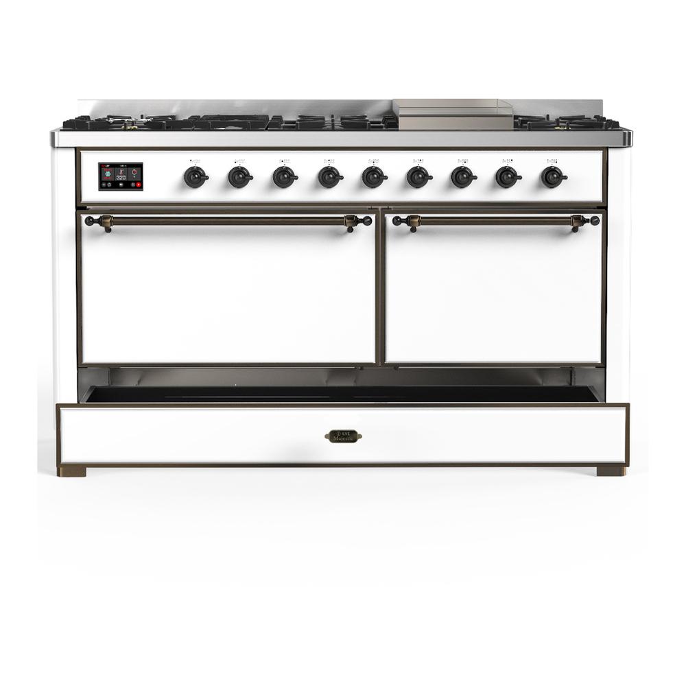 Ilve UM60FQNR3WHB Ilve Um60Fqnr3Whb Majestic Iii 60 Inch Dual Fuel Range With 9 Burners And Griddle, Dual Function Burner Up To 25,000 Btu (Natural Gas, Solid Door, White, Burnished)