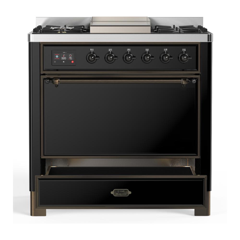 Ilve UM36FQNR3BKBLP Ilve Um36Fqnr3Bkblp Majestic Iii 36 Inch Dual Fuel Range With 6 Black Brass Burners And Griddle, Dual Function Burner Up To 25,000 Btu (Solid Door, Glossy Black, Burnished, Liquid Propane)
