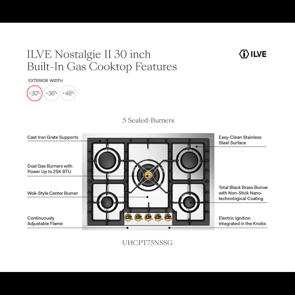Ilve UHCPT75NSSGLP Ilve Uhcpt75Nssglp Nostalgie Ii 30 Inch Built-In Gas Cooktop With 5 Burners, In Stainless Steel (Liquid Propane, Brass)