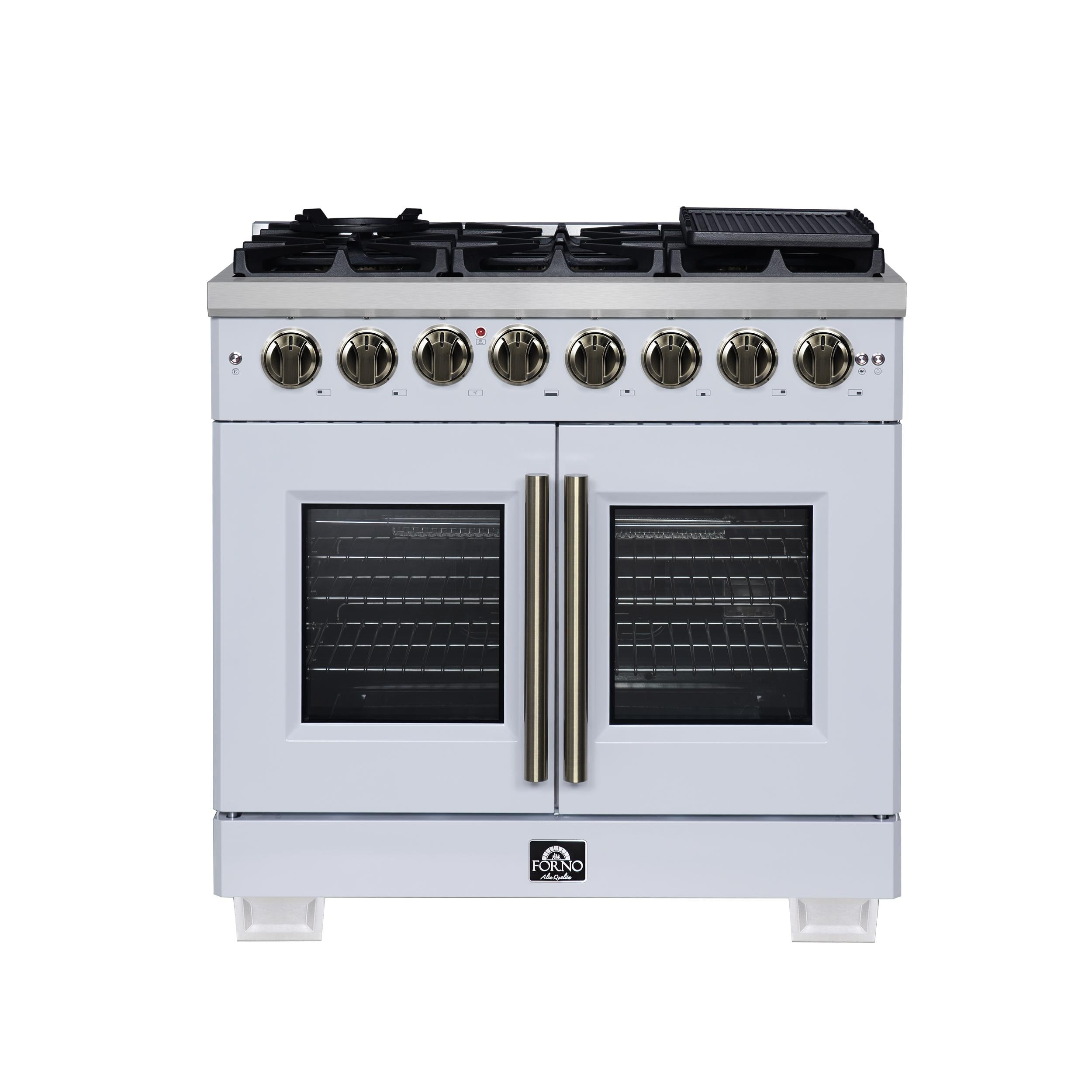 Forno FFSGS638736WHT Forno Capriasca 36 Inch Freestanding French Door Dual Fuel Range In White With Antique Brass Accessories, 6 Burners, True Convection Oven