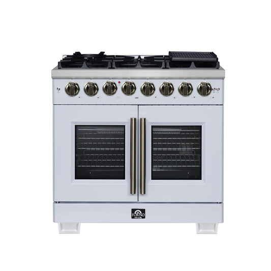 Forno FFSGS638736WHT Forno Capriasca 36 Inch Freestanding French Door Dual Fuel Range In White With Antique Brass Accessories, 6 Burners, True Convection Oven