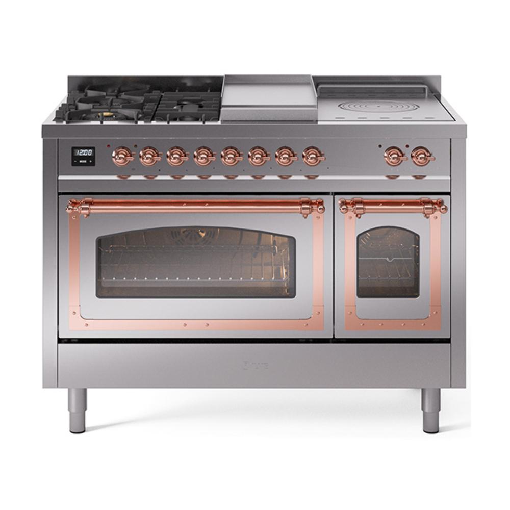 Ilve UN48FSNMPSSPLP Ilve Un48Fsnmpssplp Nostalgie Ii Noblesse 48" Dual Fuel Range (5 Sealed Burners + Griddle + French Top, Liquid Propane, Triple Glass Door, Stainless Steel, Copper)