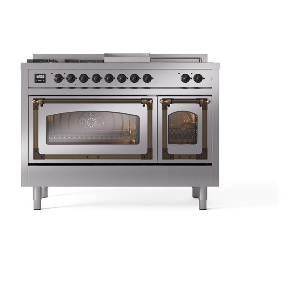 Ilve UN48FSNMPSSB Ilve Un48Fsnmpssb Nostalgie Ii Noblesse 48" Dual Fuel Range (5 Sealed Burners + Griddle + French Top, Natural Gas, Triple Glass Door, Stainless Steel, Burnished)