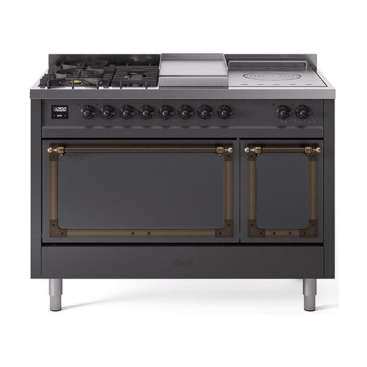 Ilve UN48FSQNMPMGB Ilve Un48Fsqnmpmgb Nostalgie Ii Noblesse 48" Dual Fuel Range (5 Sealed Burners + Griddle + French Top, Natural Gas, Solid Door, Graphite Matte, Burnished)