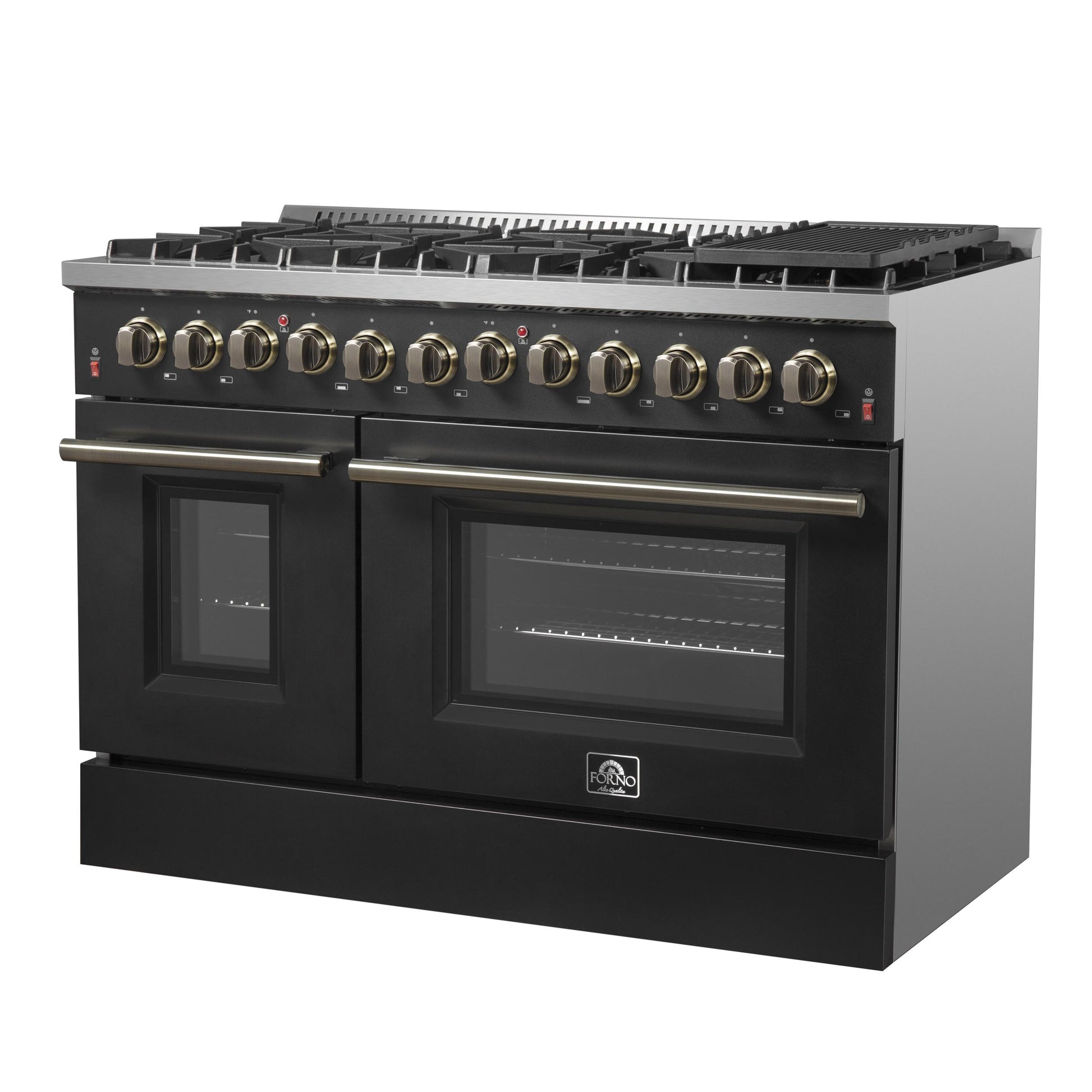 Forno FFSGS615648BLK Galiano 48-Inch Dual Fuel Range Black & Antique Brass Design With 8 Sealed Burners 107,000 Btu, 6.58 Cu. Ft. Double Ovens & Griddle