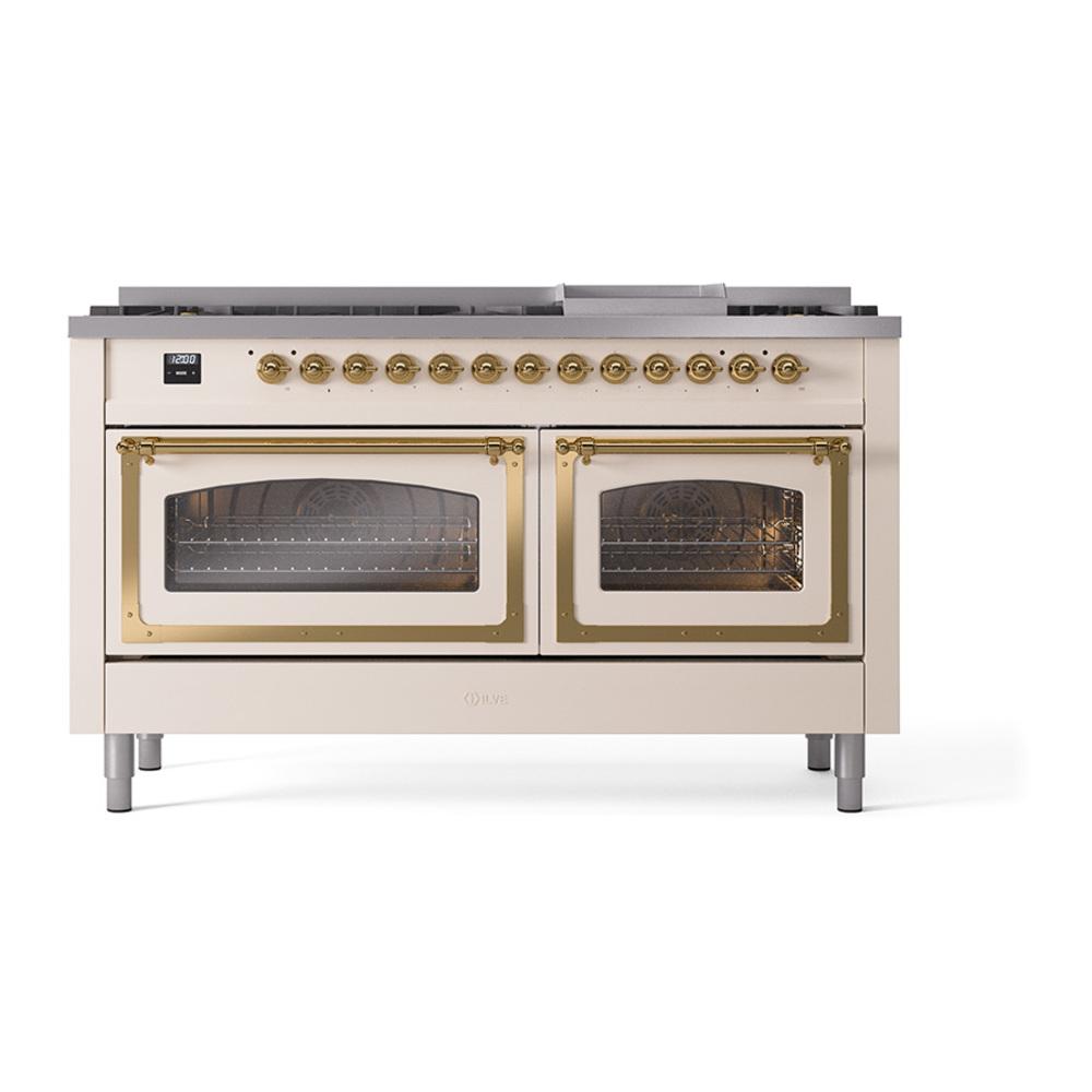 Ilve UN60FNMPAWG Ilve Un60Fnmpawg Nostalgie Ii Noblesse 60" Dual Fuel Range (9 Sealed Burners + Griddle, Natural Gas, Triple Glass Door, Antique White, Brass)