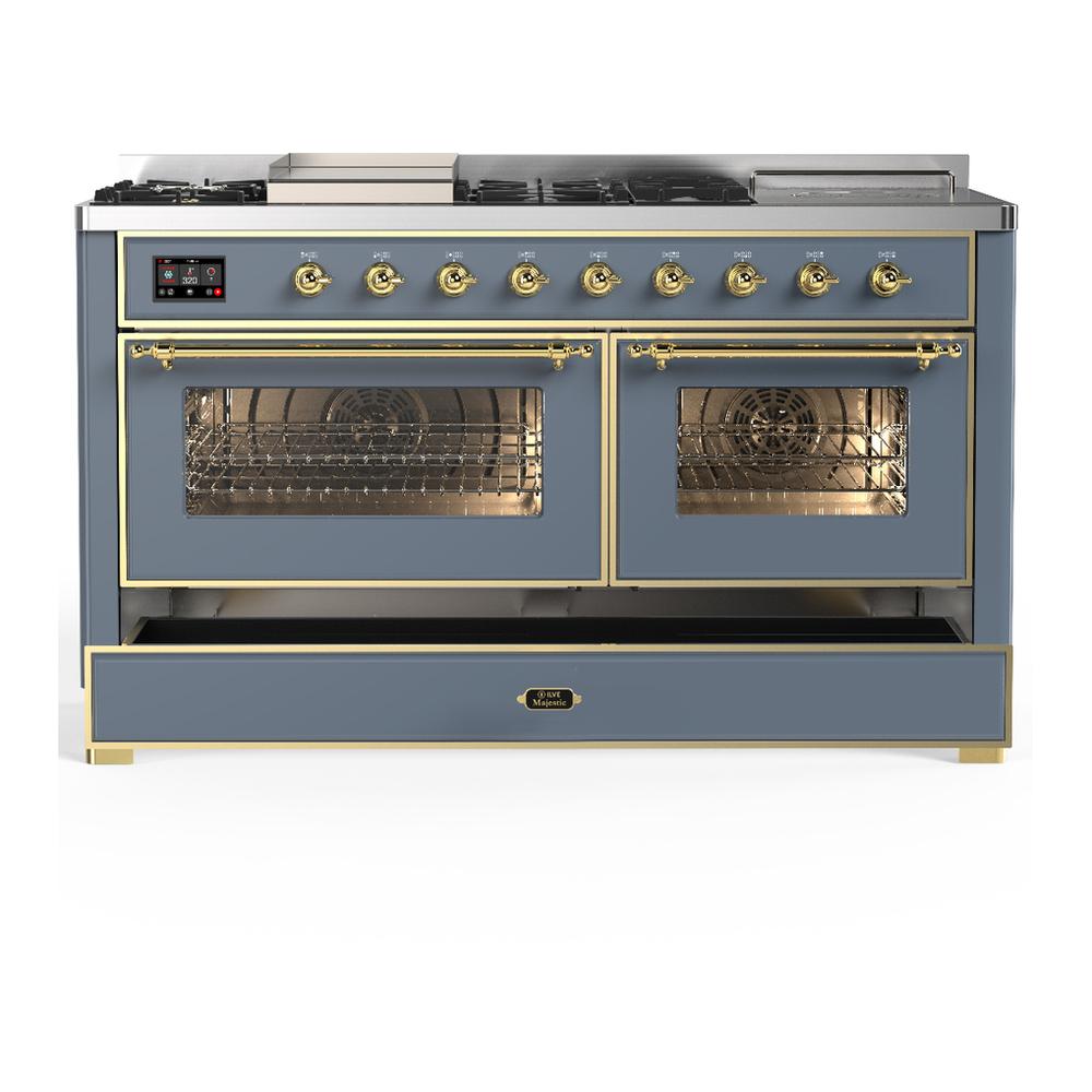 Ilve UM60FSNR3BGGLP Ilve Um60Fsnr3Bgglp Majestic Iii 60 Inch Dual Fuel Range With 7 Burners, Griddle And French Top, Dual Function Burner With Up To 25,000 Btu (Liquid Propane, Triple Glass Door, Blue Grey, Brass)