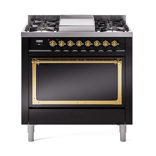 Ilve UN36FQNMPBKGLP Ilve Un36Fqnmpbkglp Nostalgie Ii Noblesse 36" Dual Fuel Range (Liquid Propane, Solid Door, Glossy Black, Brass)