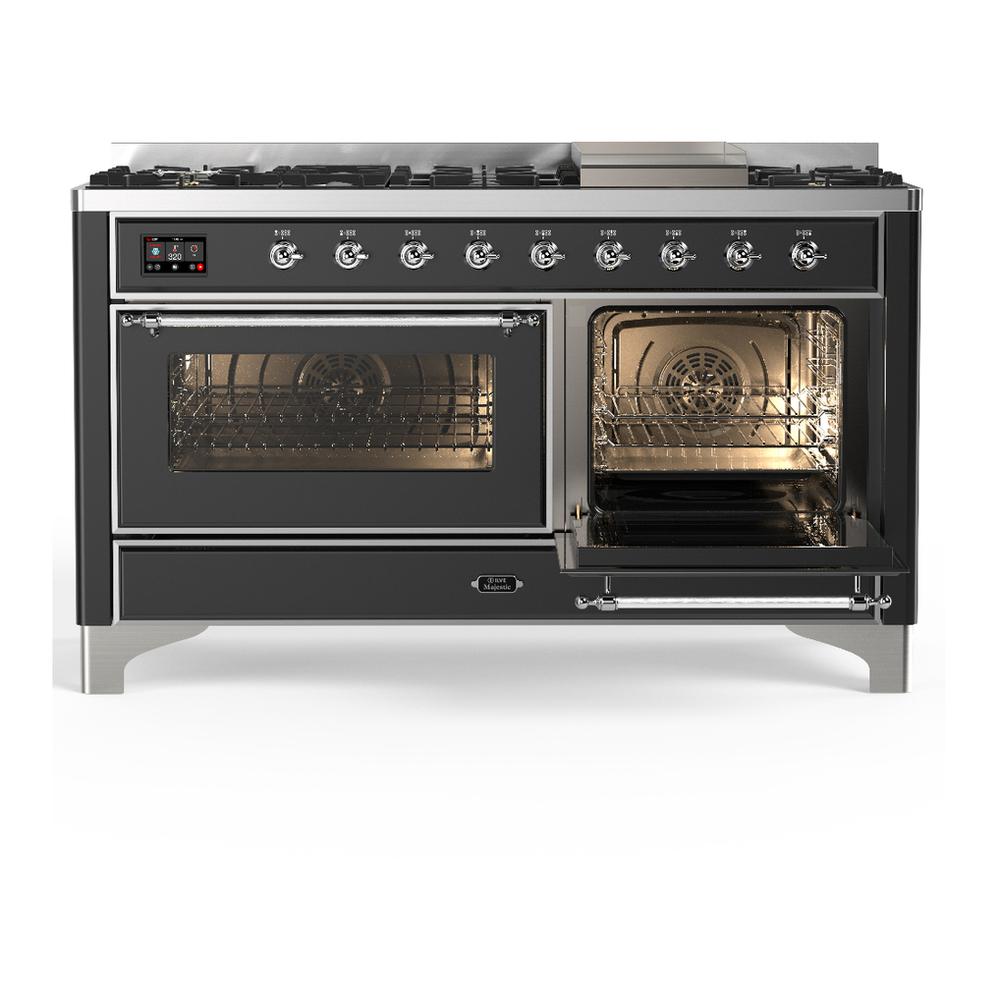 Ilve UM60FNR3MGC Ilve Um60Fnr3Mgc Majestic Iii 60 Inch Dual Fuel Range With 9 Burners And Griddle, Dual Function Burner Up To 25,000 Btu (Natural Gas, Triple Glass Door, Graphite Matte, Chrome)