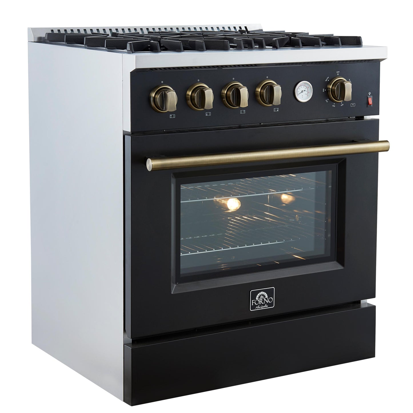 Forno FFSGS627730BLK Marco 30-Inch Gas Range Black & Antique Brass Design, 4 Burners 37,000 Btu, 4.32 Cu.Ft. Convection Oven