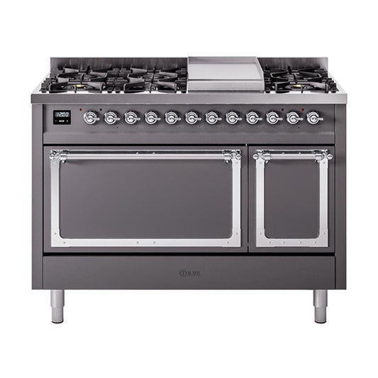 Ilve UN48FQNMPMGCLP Ilve Un48Fqnmpmgclp Nostalgie Ii Noblesse 48" Dual Fuel Range (8 Sealed Burners + Griddle, Liquid Propane, Solid Door, Graphite Matte, Chrome)