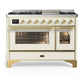 Ilve UM48FNR3AWG Ilve Um48Fnr3Awg Majestic Iii 48 Inch Dual Fuel Range With 8 Burners And Griddle, Dual Function Burner Up To 25,000 Btu (Natural Gas, Triple Glass Door, Antique White, Brass)
