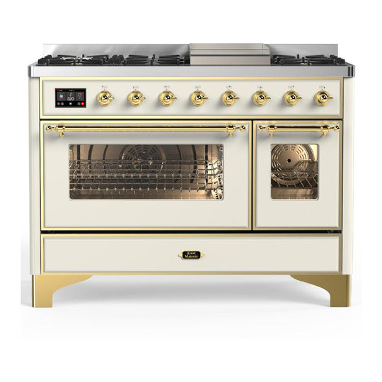 Ilve UM48FNR3AWG Ilve Um48Fnr3Awg Majestic Iii 48 Inch Dual Fuel Range With 8 Burners And Griddle, Dual Function Burner Up To 25,000 Btu (Natural Gas, Triple Glass Door, Antique White, Brass)