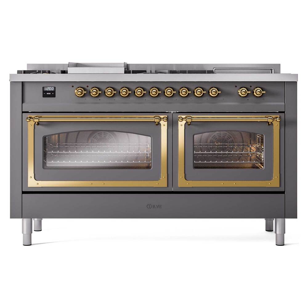 Ilve UN60FSNMPMGGLP Ilve Un60Fsnmpmgglp Nostalgie Ii Noblesse 60" Dual Fuel Range (7 Sealed Burners + Griddle + French Top, Liquid Propane, Triple Glass Door, Graphite Matte, Brass)