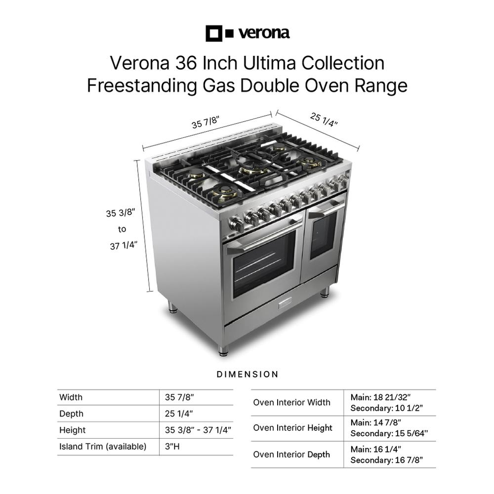 Verona VUFSGG365DSS Verona Vufsgg365Dss 36 Inch Ultima Collection Double Oven Gas Range With 5 Brass Burners, 4.1 Cu. Ft. Oven Total Capacity In Stainless Steel