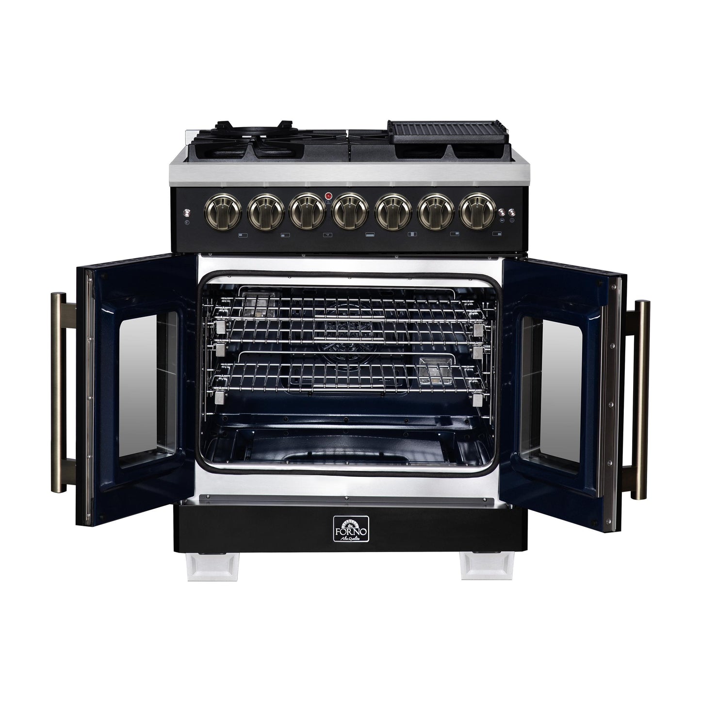 Forno FFSGS638730BLK Forno Capriasca 30-Inch Freestanding French Door Dual Fuel Range In Black With Antique Brass Accessories, 5 Burners, True Convection Oven
