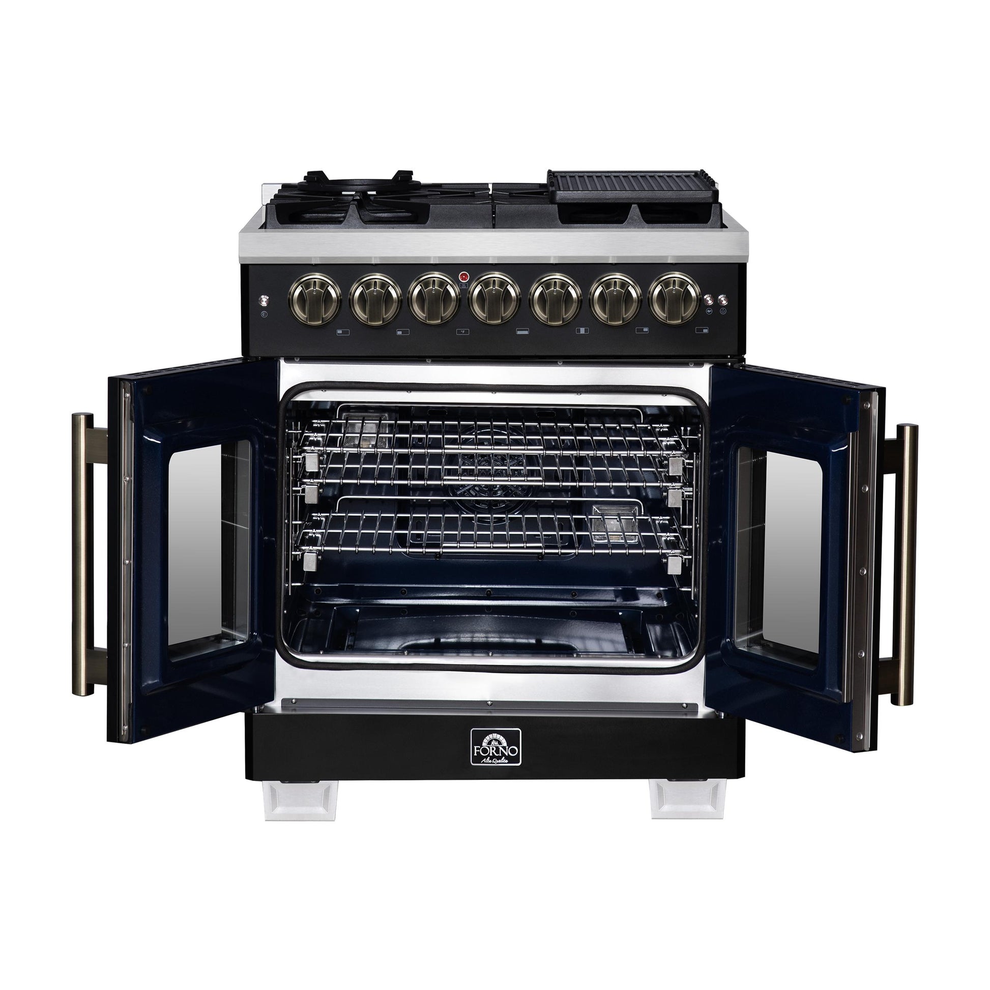 Forno FFSGS638730BLK Forno Capriasca 30-Inch Freestanding French Door Dual Fuel Range In Black With Antique Brass Accessories, 5 Burners, True Convection Oven