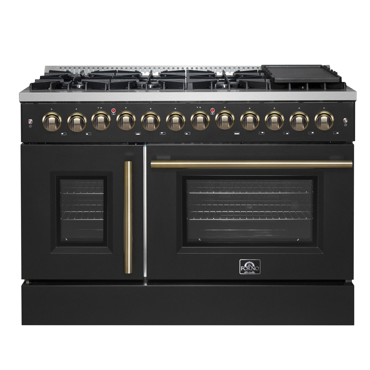Forno FFSGS635648BLK Forno Galiano 48-Inch French Door Dual Fuel Range, Black & Antique Brass Design, 8 Sealed Burners - 107,000 Btu, Griddle, 6.58 Cu.Ft. Double Ovens