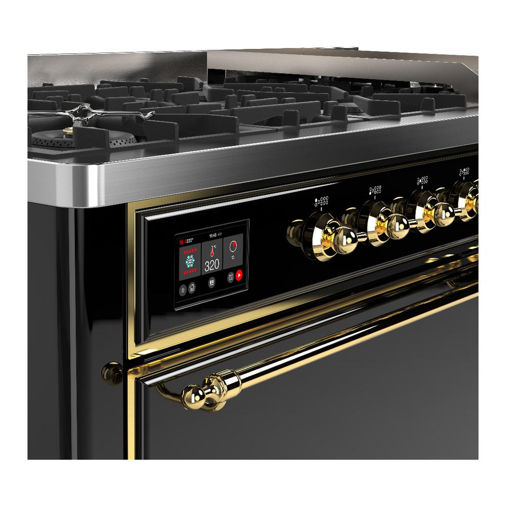 Ilve UM60FQNR3BKG Ilve Um60Fqnr3Bkg Majestic Iii 60 Inch Dual Fuel Range With 9 Burners And Griddle, Dual Function Burner Up To 25,000 Btu (Natural Gas, Solid Door, Glossy Black, Brass)