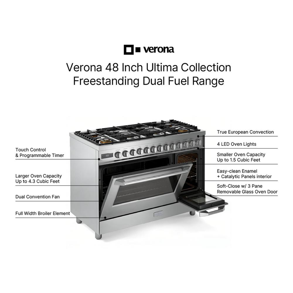 Verona VUFSGE486DSS Verona Vufsge486Dss 48 Inch Ultima Collection Dual Fuel Range With 6 Brass Sealed Burners, 5.8 Cu. Ft. Oven Capacity, Digital Clock In Stainless Steel