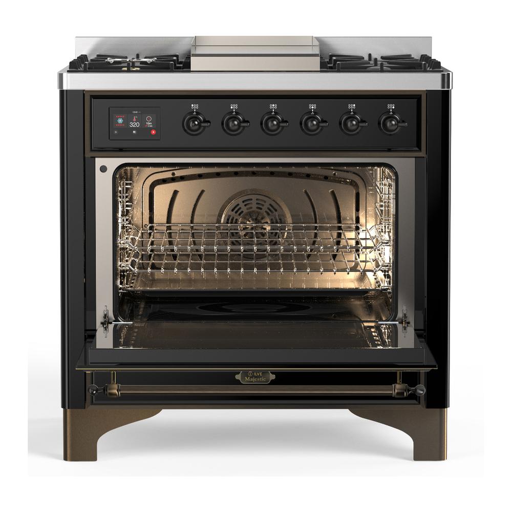 Ilve UM36FNR3BKBLP Ilve Um36Fnr3Bkblp Majestic Iii 36 Inch Dual Fuel Range With 6 Black Brass Burners And Griddle, Dual Function Burner Up To 25,000 Btu (Triple Glass Door, Glossy Black, Burnished, Liquid Propane)