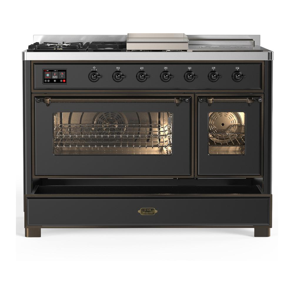 Ilve UM48FSNR3MGB Ilve Um48Fsnr3Mgb Majestic Iii 48 Inch Dual Fuel Range With 5 Black Brass Burners, Griddle And French Top, Dual Function Burner Up To 25,000 Btu (Natural Gas, Triple Glass Door, Graphite Matte, Burnished)