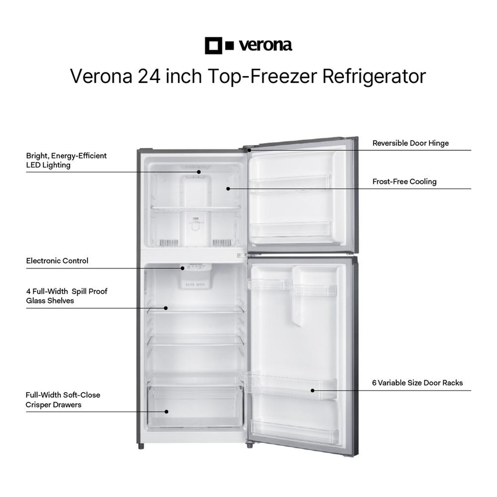 Verona VEFTF2412RBK Verona Veftf2412Rbk 24 Inch Top Freezer Refrigerator With 12 Cu. Ft. Total Capacity, Reversible Doors, Recessed Handle, Energy Star (Black)