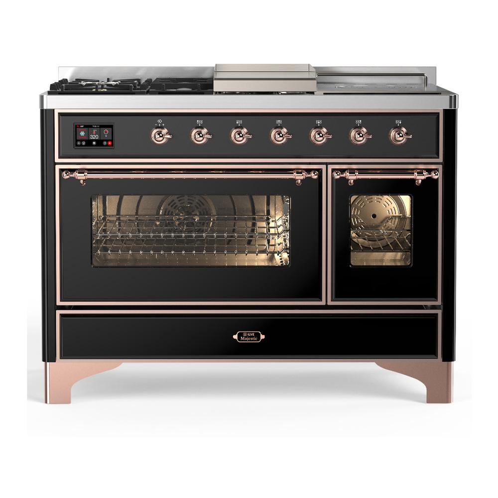 Ilve UM48FSNR3BKP Ilve Um48Fsnr3Bkp Majestic Iii 48 Inch Dual Fuel Range With 5 Black Brass Burners, Griddle And French Top, Dual Function Burner Up To 25,000 Btu (Natural Gas, Triple Glass Door, Glossy Black, Copper)
