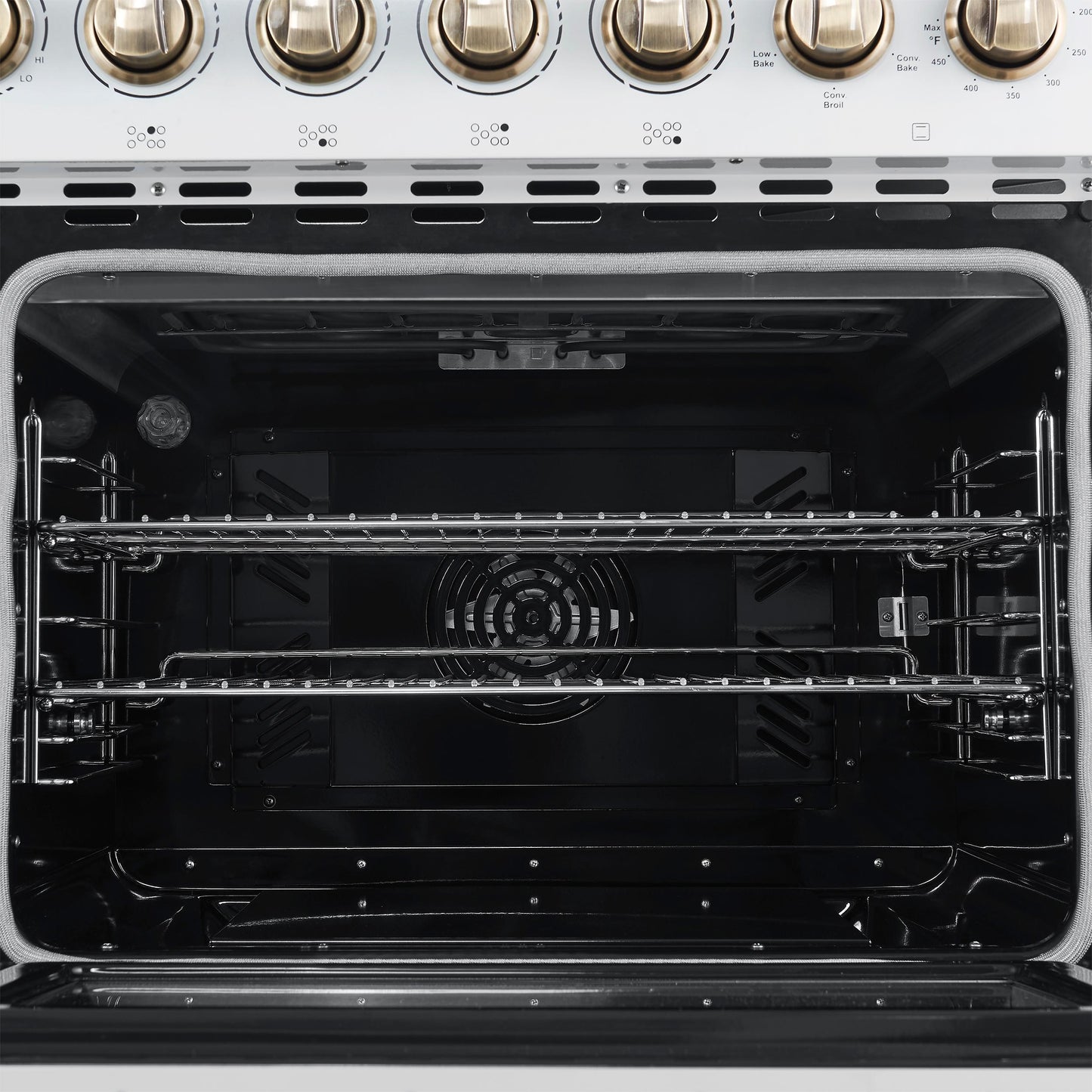Forno FFSEL601148WHT Forno Paolo 48 Inch Freestanding Electric Range In White With Antique Brass, 6.7 Cu.Ft, True Convection Oven, Energy Efficient