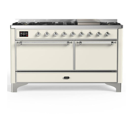 Ilve UM60FQNR3AWCLP Ilve Um60Fqnr3Awclp Majestic Iii 60 Inch Dual Fuel Range With 9 Burners And Griddle, Dual Function Burner Up To 25,000 Btu (Liquid Propane, Solid Door, Antique White, Chrome)